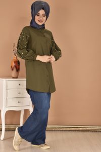2018 Tunik Modelleri incili balon kol tunik pantolon ikili takim haki