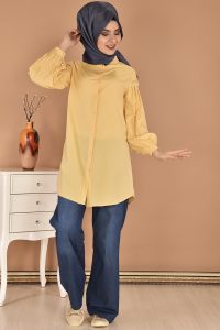 2018 Tunik Modelleri incili balon kol tunik pantolon ikili takim sari