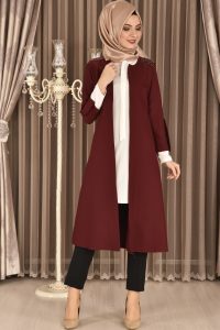 2018 Tunik Modelleri omuz incili kap tunik ikili kombin koyu bordo