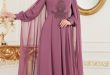 2018 Defacto Tesettur Abiye Elbise Modelleri tasli gul kurusu