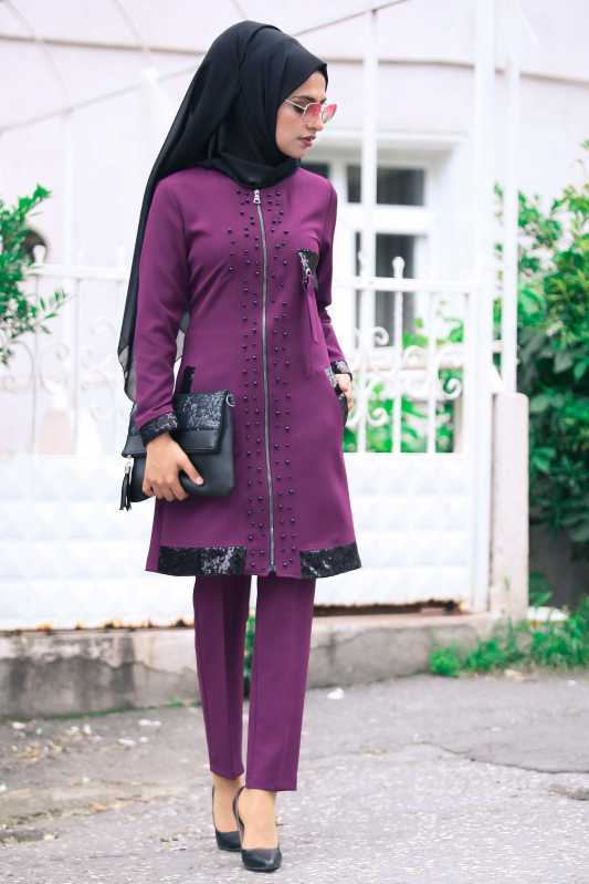 2018 Genc Tesettur Abiye Elbise Modelleri-ceket-pantolon-canta-kombin-mor-siyah